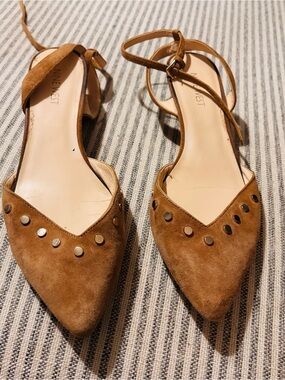 Nine West Tan Suede Pointed-Toe Ankle-Strap Flats with Studs